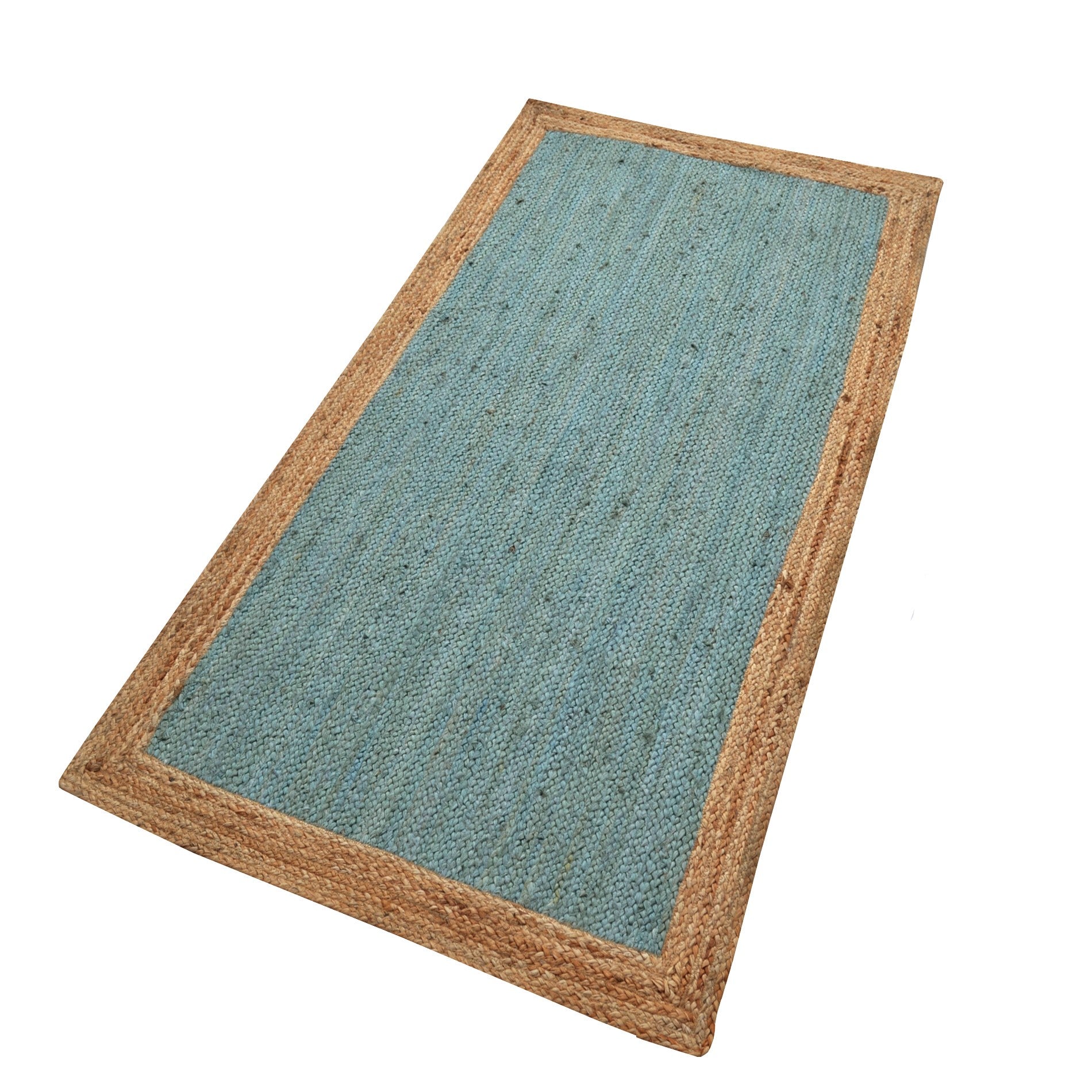 Handwoven Border Jute Rug-1147-Natural/Teal Blue-80x150cm