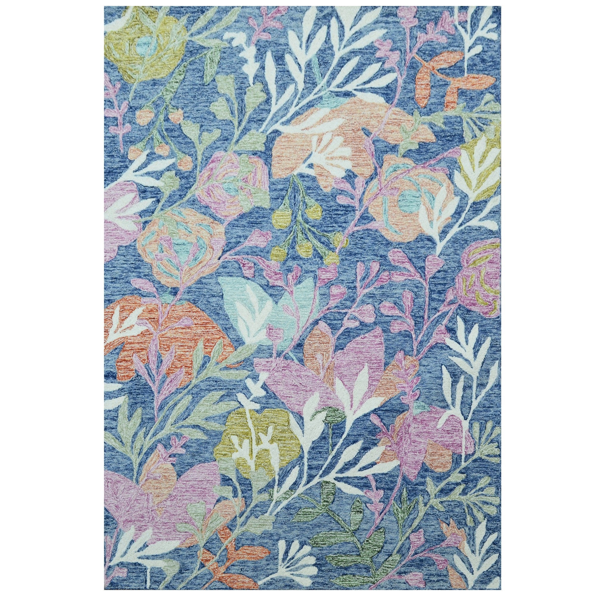 Handmade Floral Wool Rug-6432-Teal blue-110x160cm