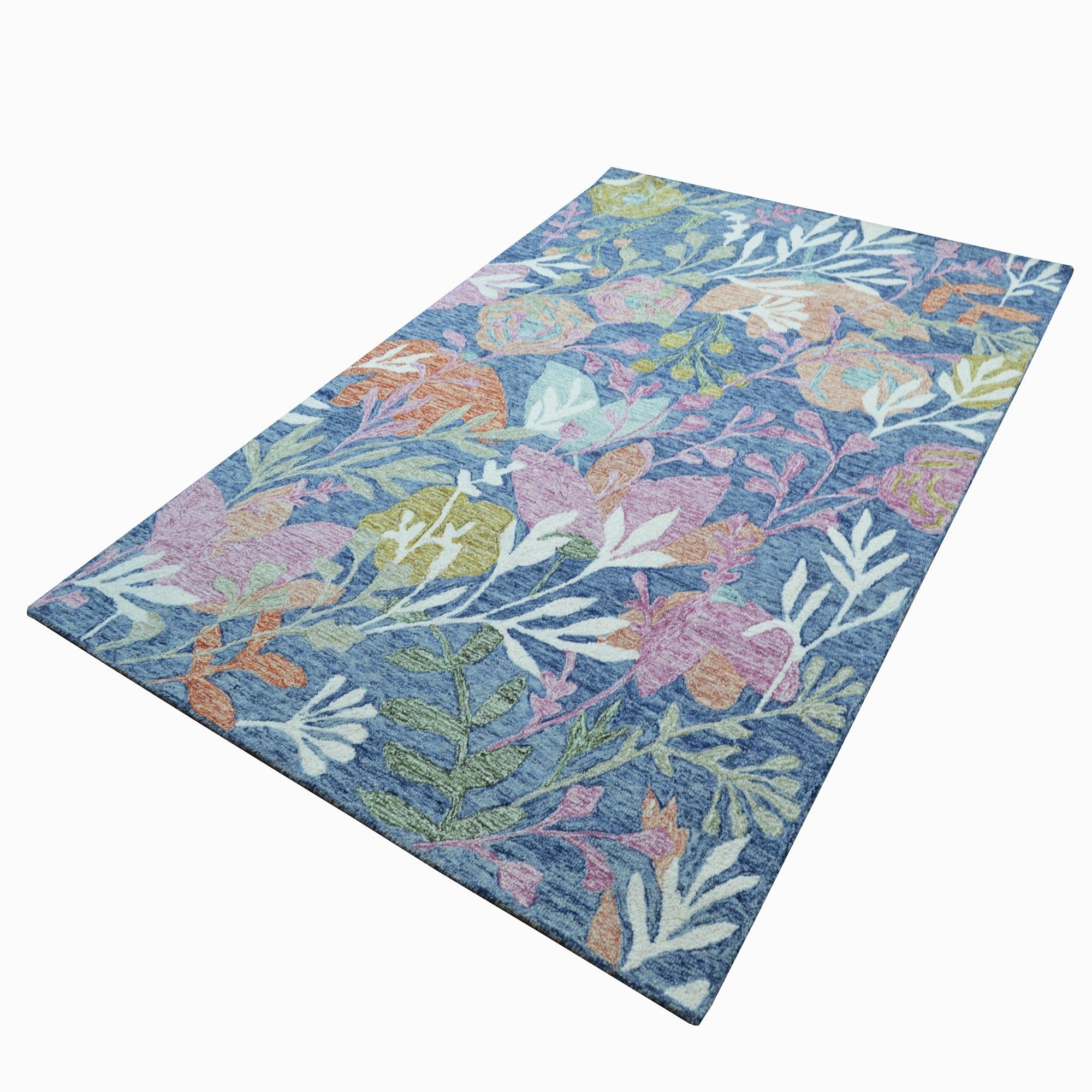 Handmade Floral Wool Rug-6432-Teal blue-110x160cm