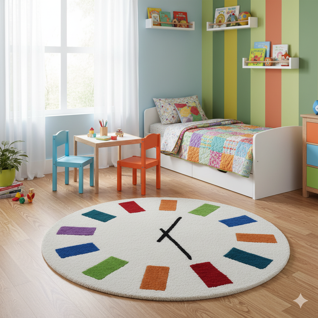 Handmade Kids Clock Wool Rug- Ivory/Multi-90x90cm