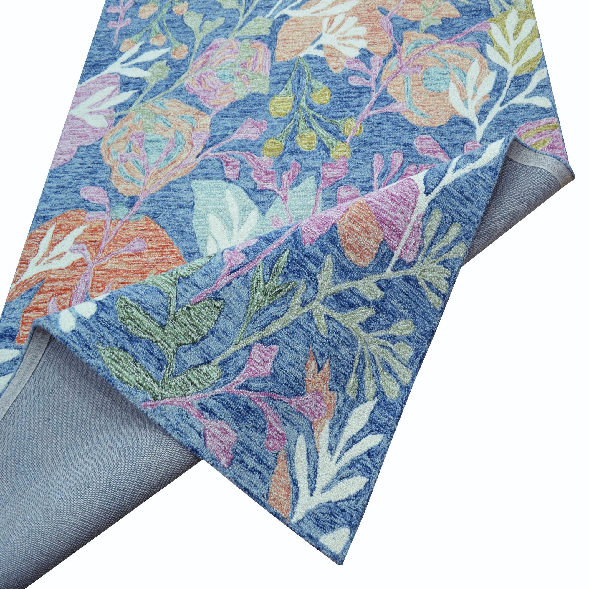 Handmade Floral Wool Rug-6432-Teal blue-110x160cm