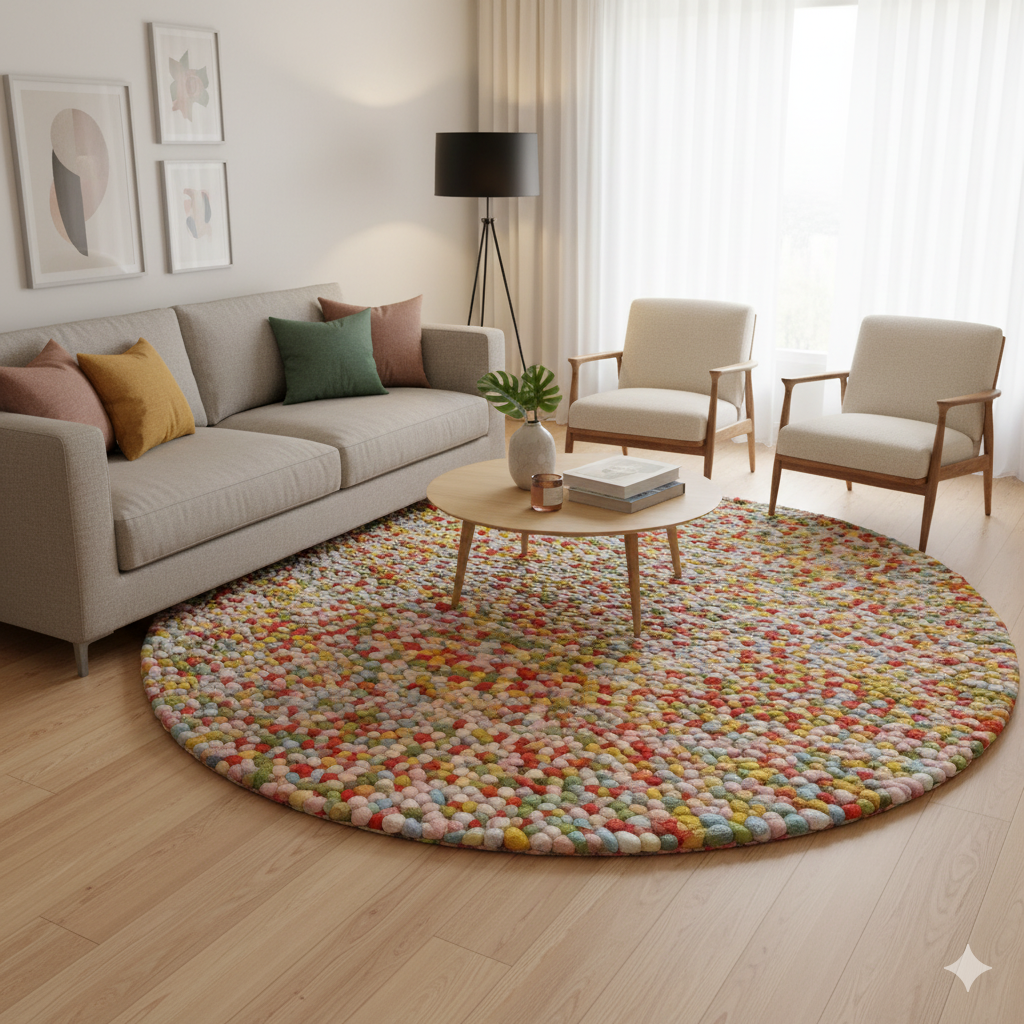 Handwoven Trendy Wool Rug-Jelly Bean-Pink Multi-120x120cm