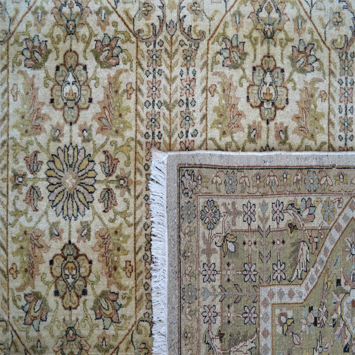 Vintage Handknotted Silk Carpet-Haji Jalil 103-Cream Rust-270x355cm