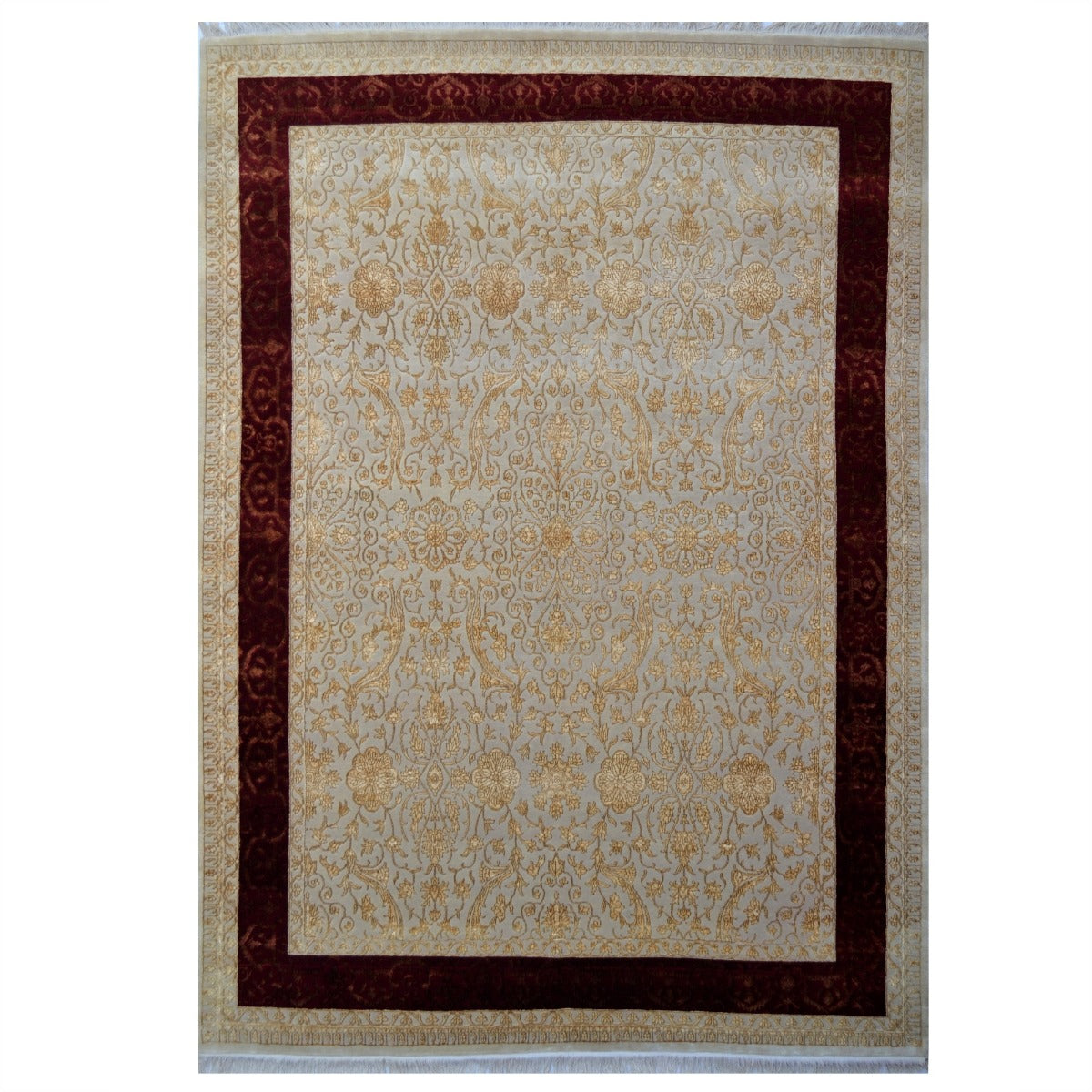 Handknotted Kashan Wool & Silk Rug -1260-Ivory-Red-250x300cm