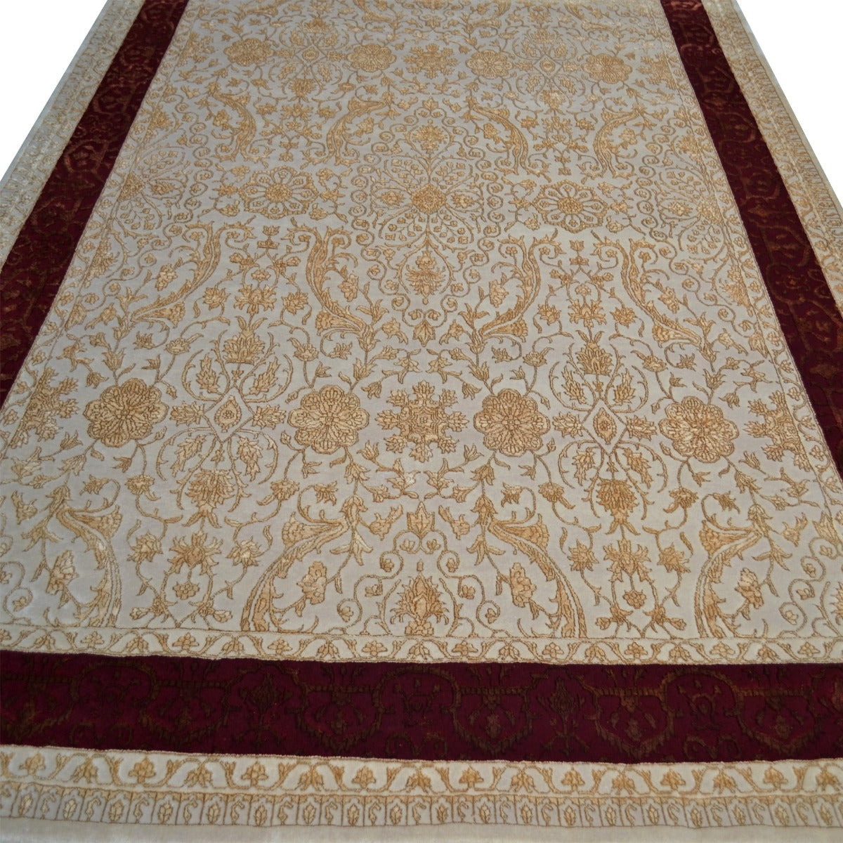 Handknotted Kashan Wool & Silk Rug -1260-Ivory-Red-250x300cm