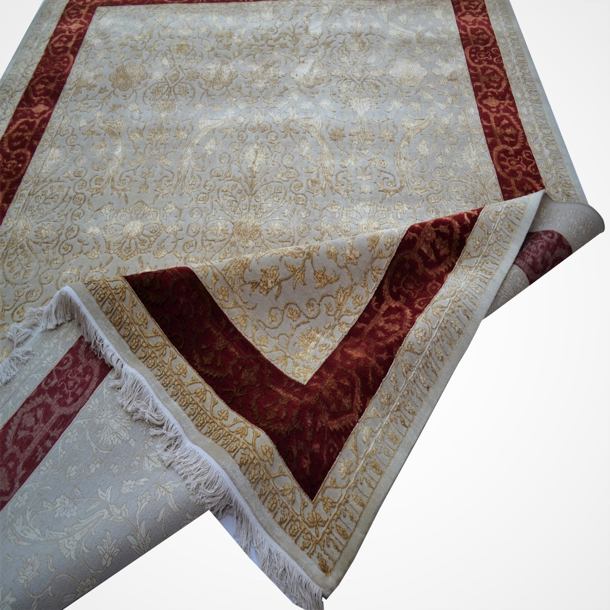 Handknotted Kashan Wool & Silk Rug -1260-Ivory-Red-250x300cm