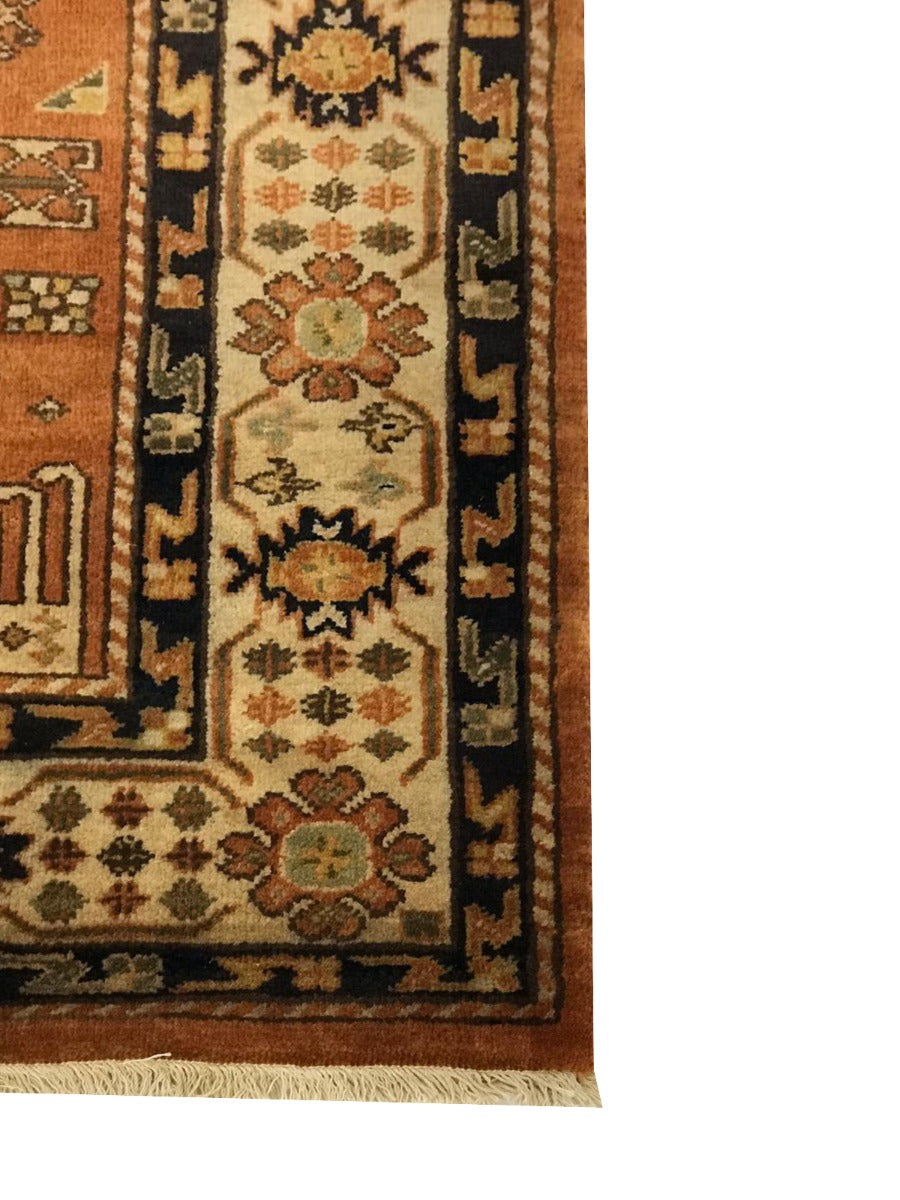 Handknotted Wool Rug - Kazak - Terracotta/Cream - 143x202cm