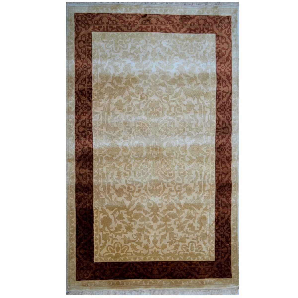 Handknotted Kashan Wool & Silk Rug -1260-Ivory-Brown-90x160cm