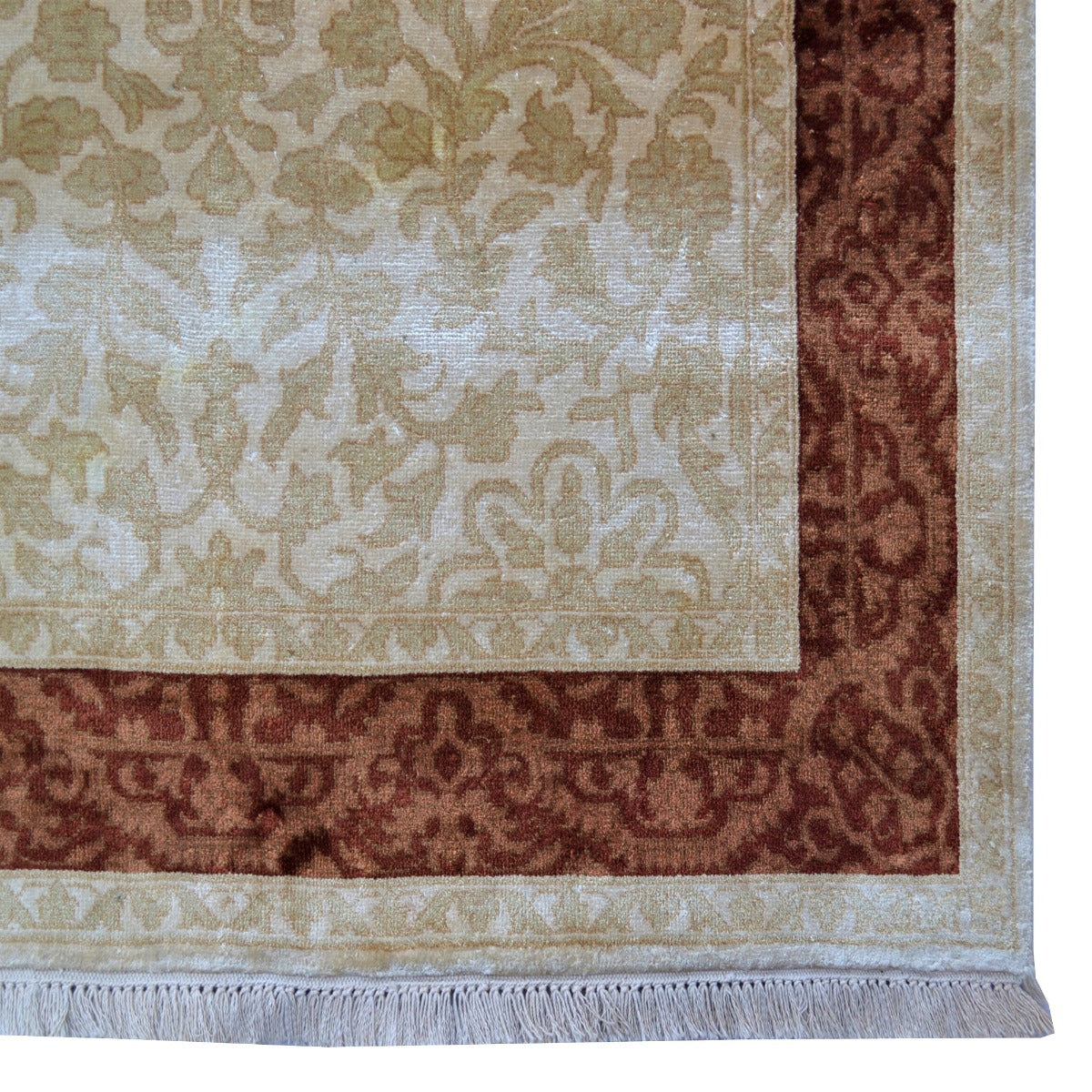 Handknotted Kashan Wool & Silk Rug -1260-Ivory-Brown-90x160cm