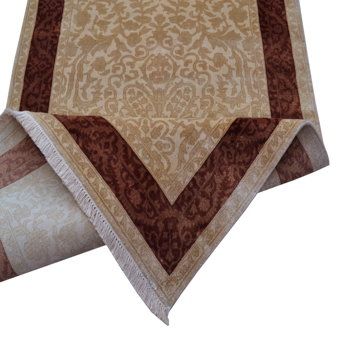 Handknotted Kashan Wool & Silk Rug -1260-Ivory-Brown-90x160cm