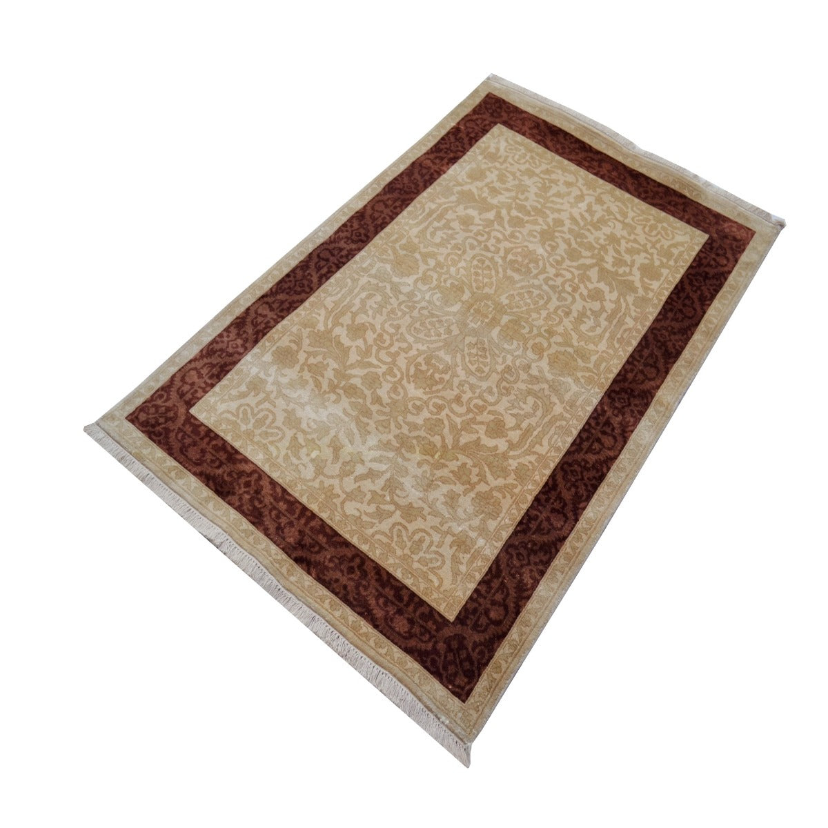 Handknotted Kashan Wool & Silk Rug -1260-Ivory-Brown-90x160cm