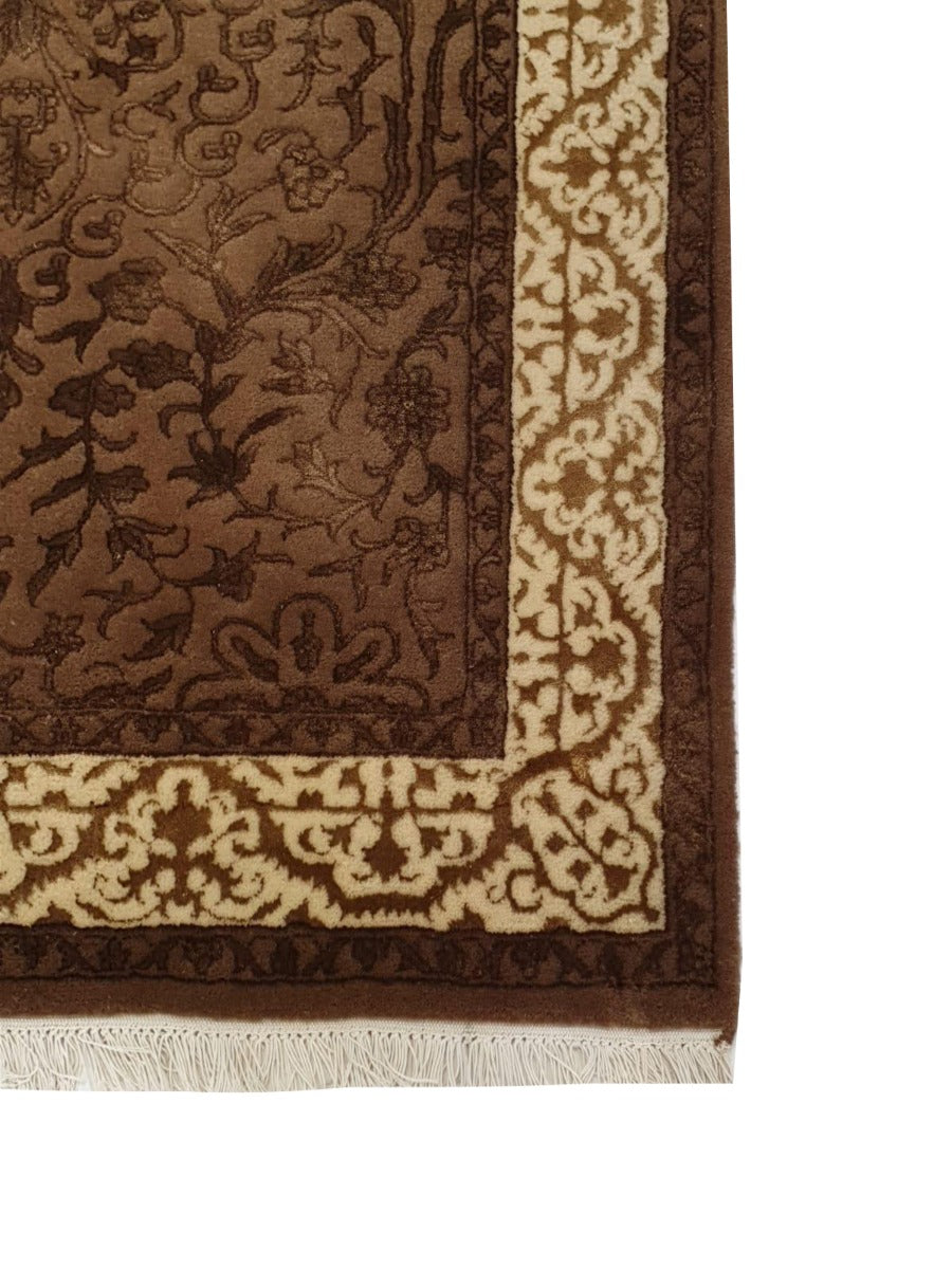 Handknotted Fine Silk and Wool Rug - Kashan - Chocolate/Cream - 49x148cm