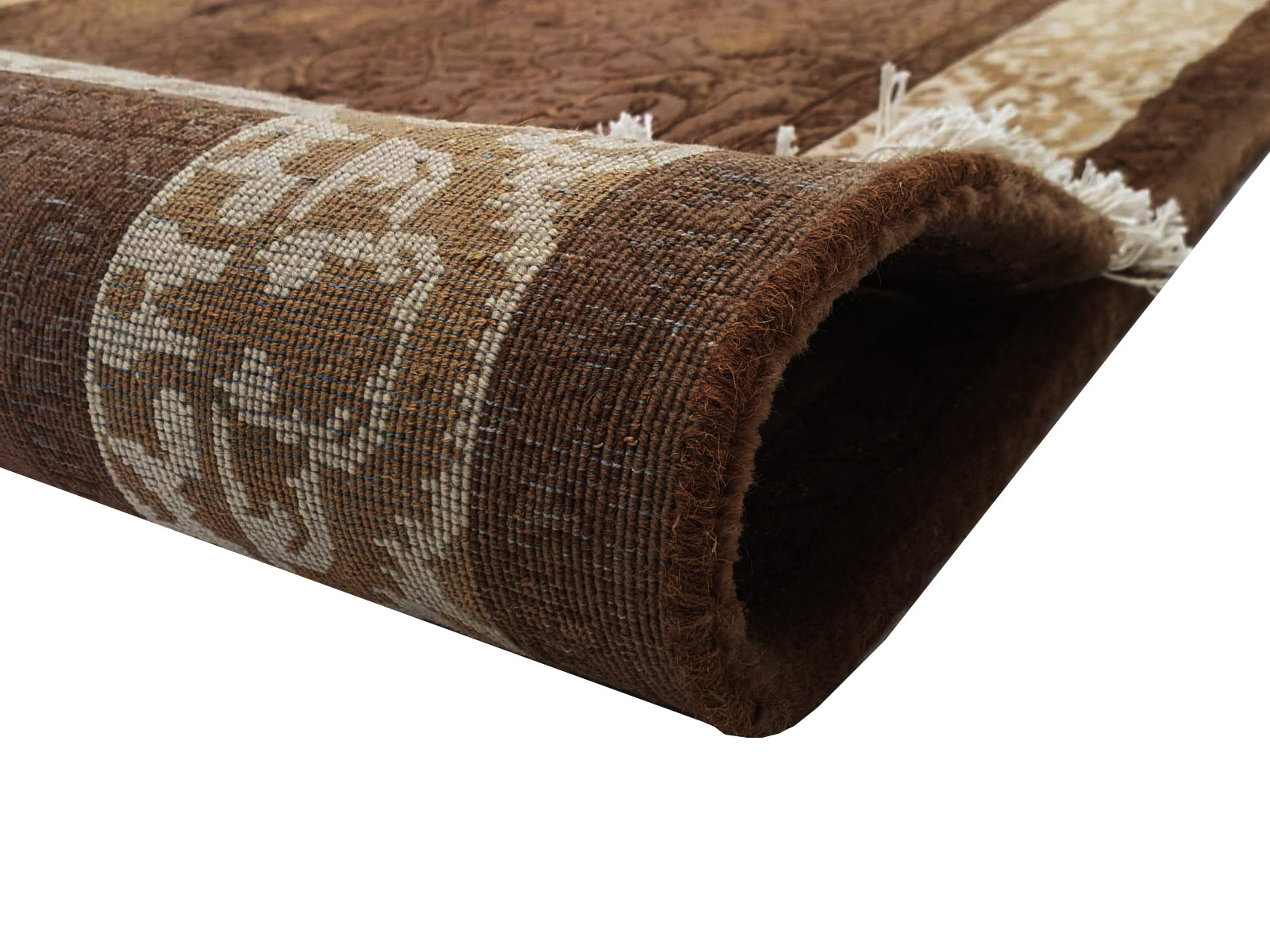 Handknotted Fine Silk and Wool Rug - Kashan - Chocolate/Cream - 49x148cm