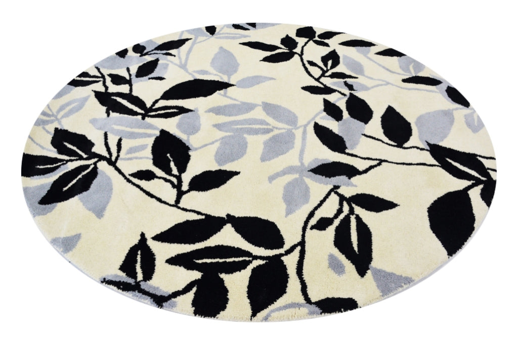 Designer Handmade Round Wool Rug - 5065 - Ivory/Black - 150x150cm