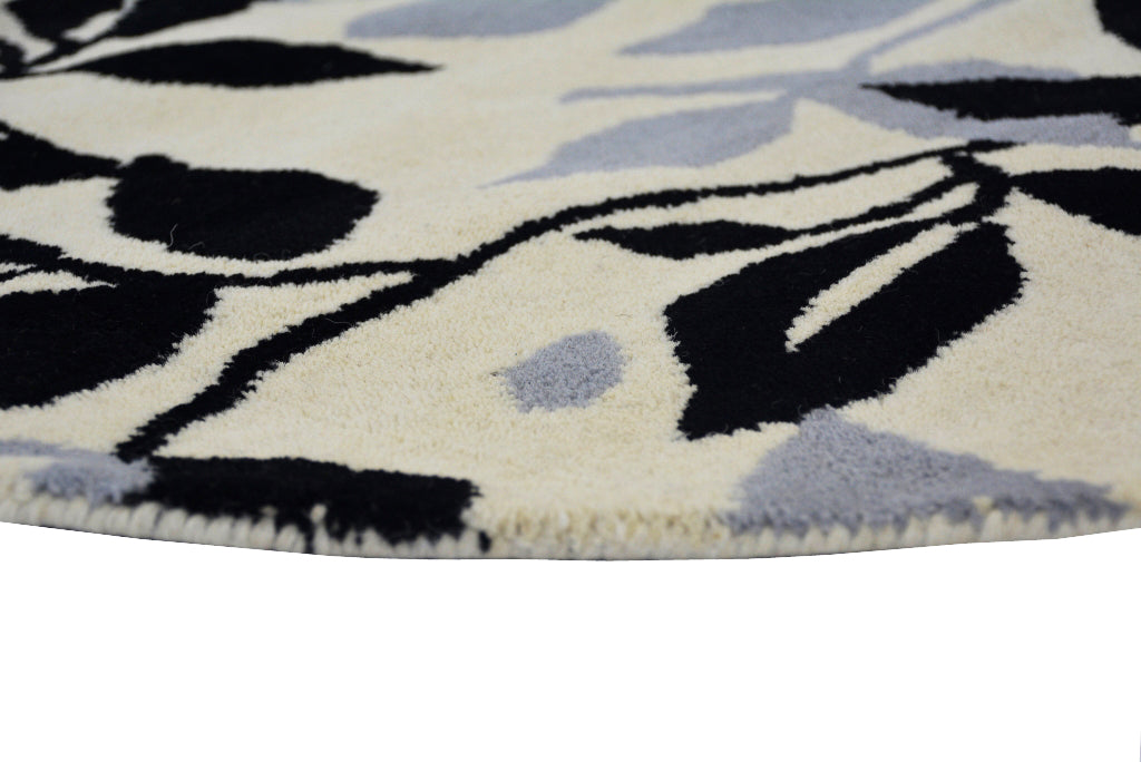 Designer Handmade Round Wool Rug - 5065 - Ivory/Black - 150x150cm