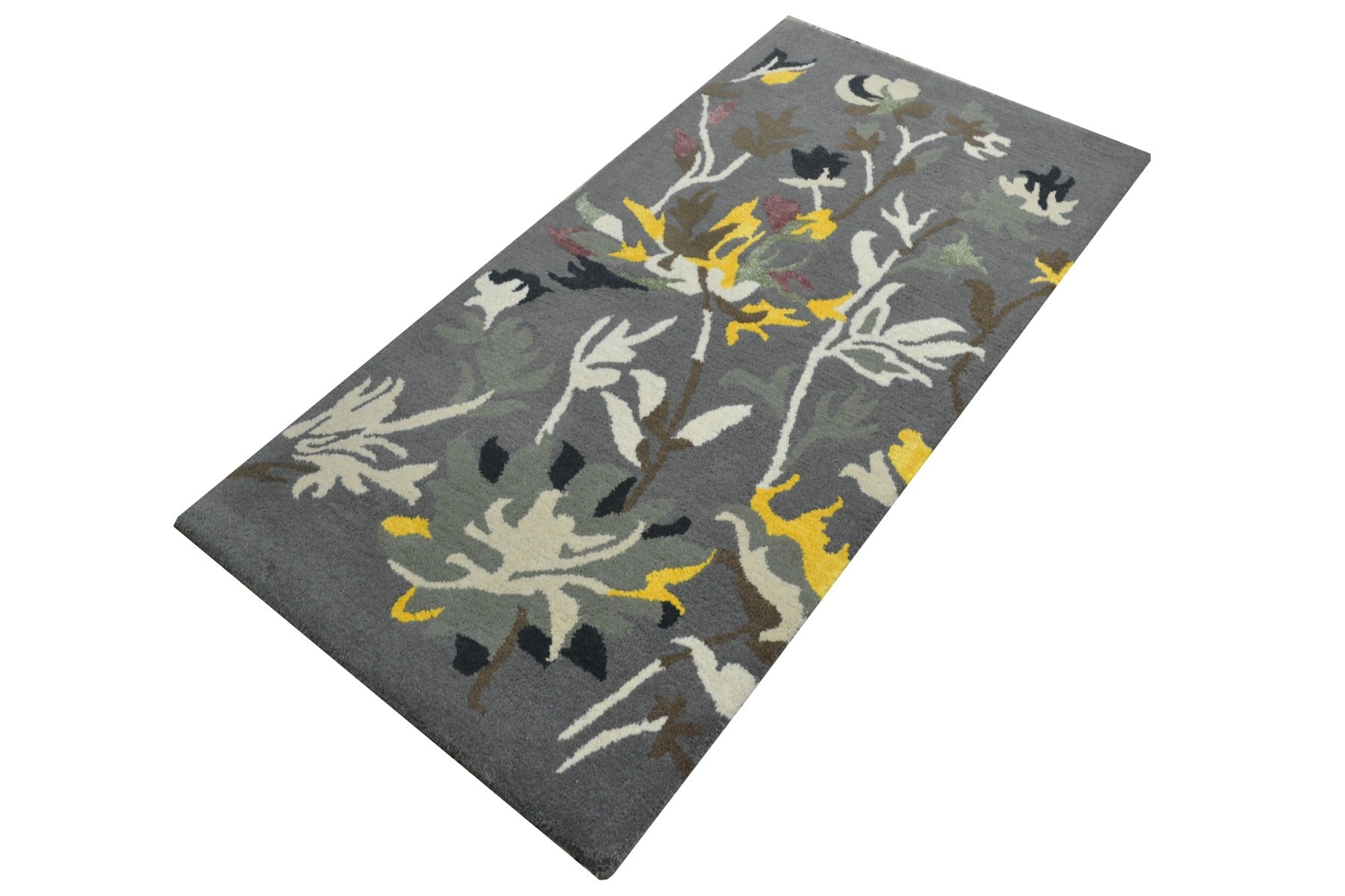 Modern Handmade Wool & Viscose Rug - Botanical 6242 - Grey - 80X150cm