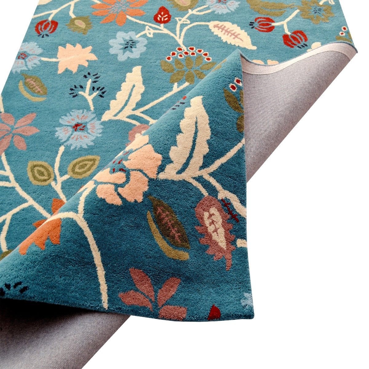 Designer Handmade Wool Rug-Botanical-Teal Blue/Multi-110x160cm