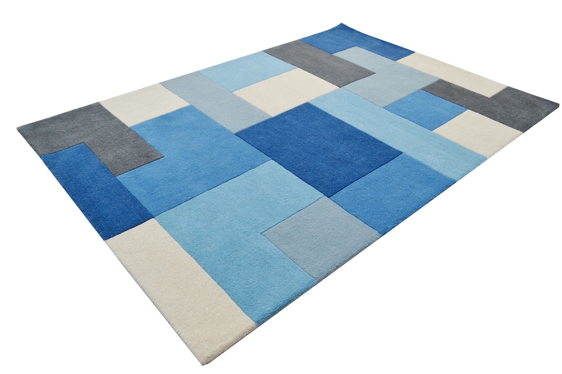 Designer Blocks Handmade Wool Rug - 6227 - Blue - 120x170cm