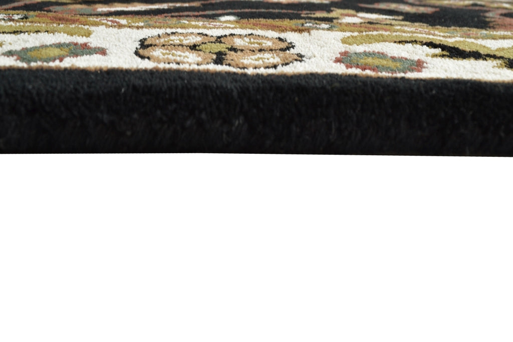 Handmade Floral Wool Rug - Kashan1- Black/Cream - 110x160cm