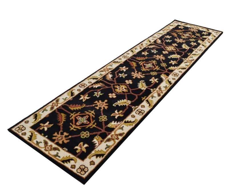 Handmade Floral Wool Rug - Kashan1- Black/Cream - 110x160cm