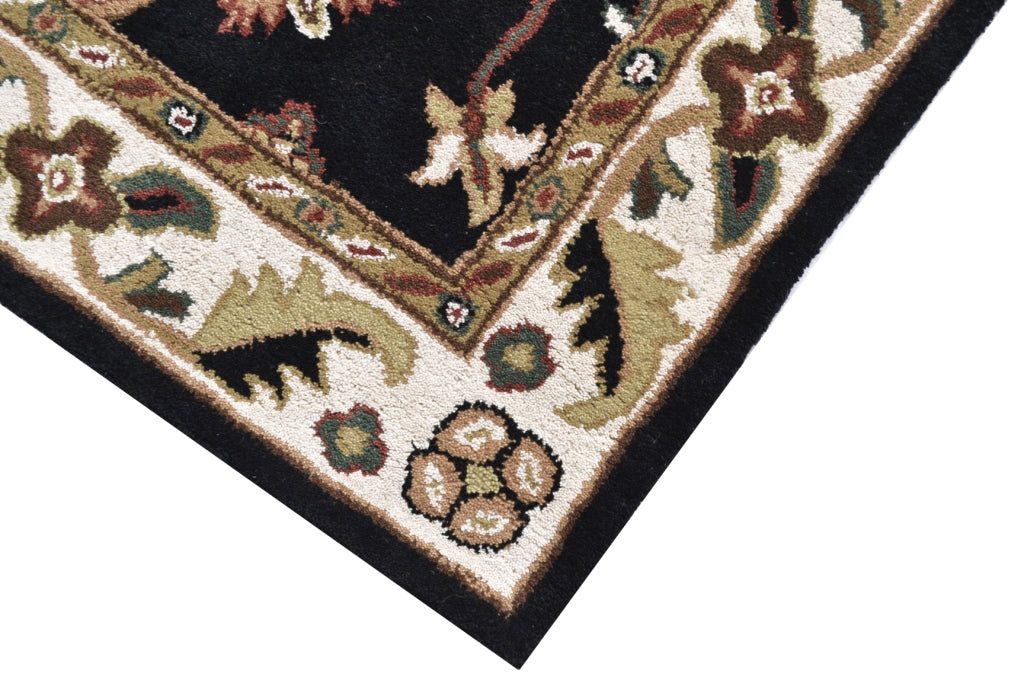 Handmade Floral Wool Rug - Kashan1- Black/Cream - 110x160cm
