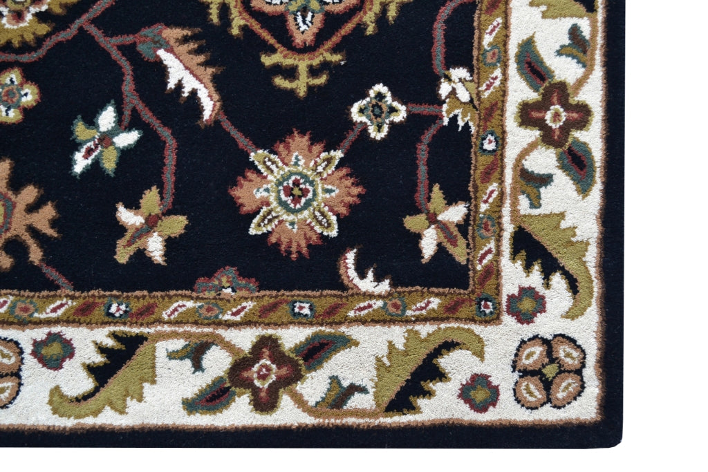 Handmade Floral Wool Rug - Kashan1- Black/Cream - 110x160cm