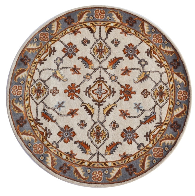 Handmade Floral Wool Rug - Kashan1- Cream/Grey - 110x160cm