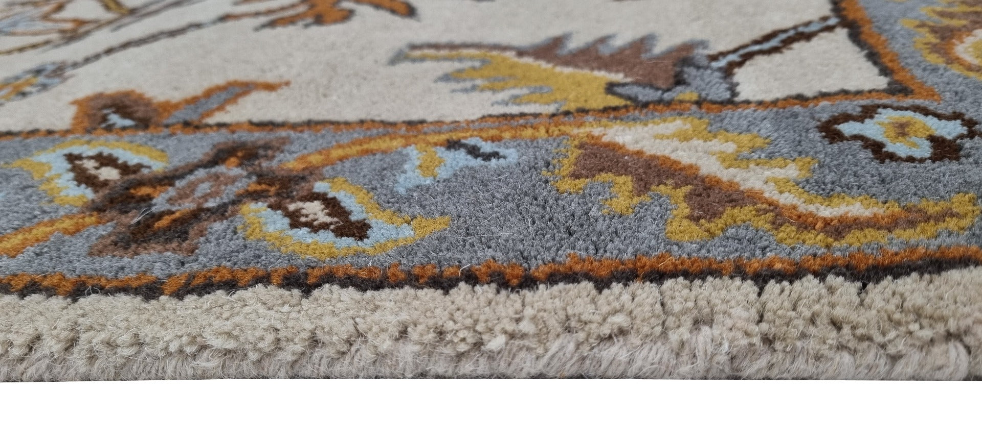 Handmade Floral Wool Rug - Kashan1- Cream/Grey - 110x160cm