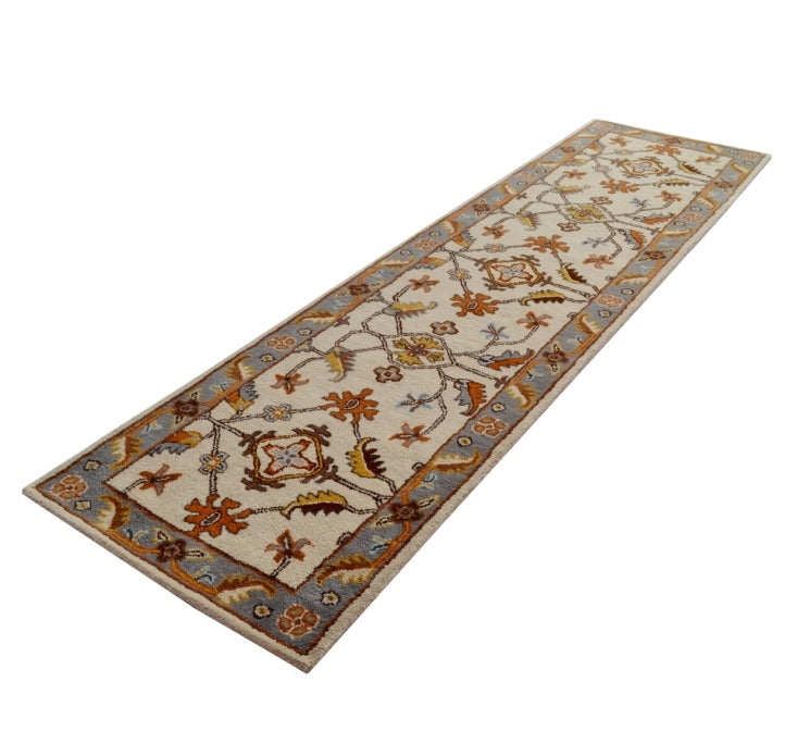 Handmade Floral Wool Rug - Kashan1- Cream/Grey - 110x160cm