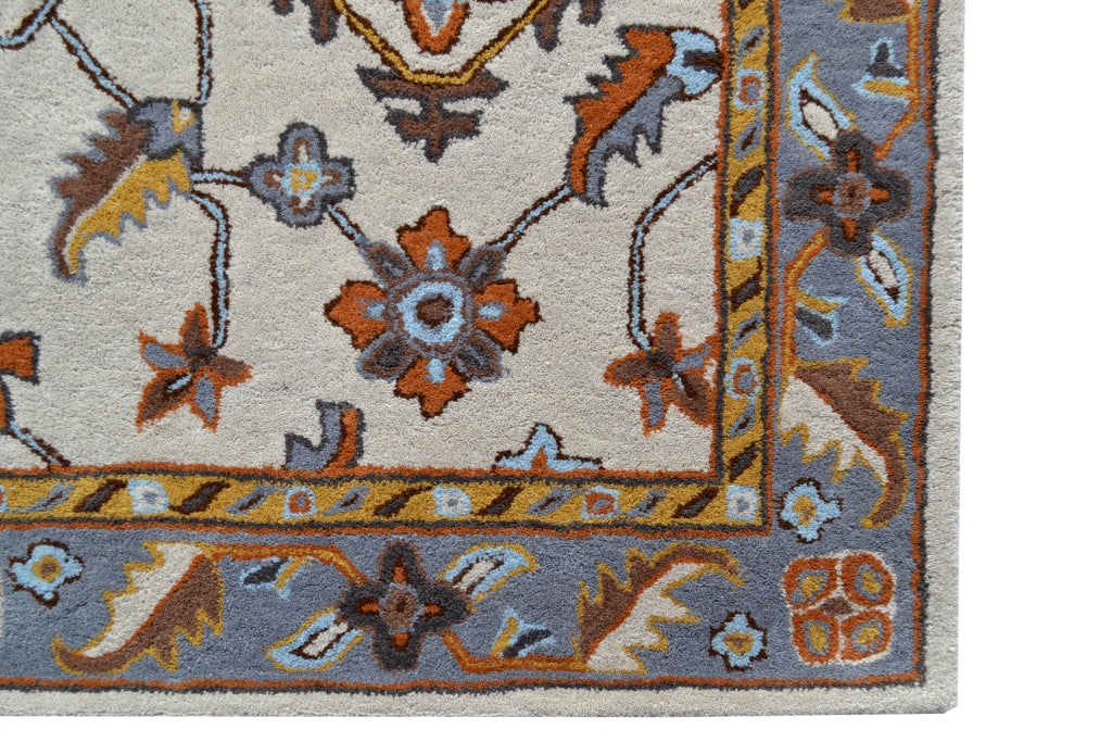 Handmade Floral Wool Rug - Kashan1- Cream/Grey - 110x160cm