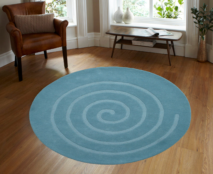 Handmade Round Wool Rug - Swirl - Aqua - 160x160cm