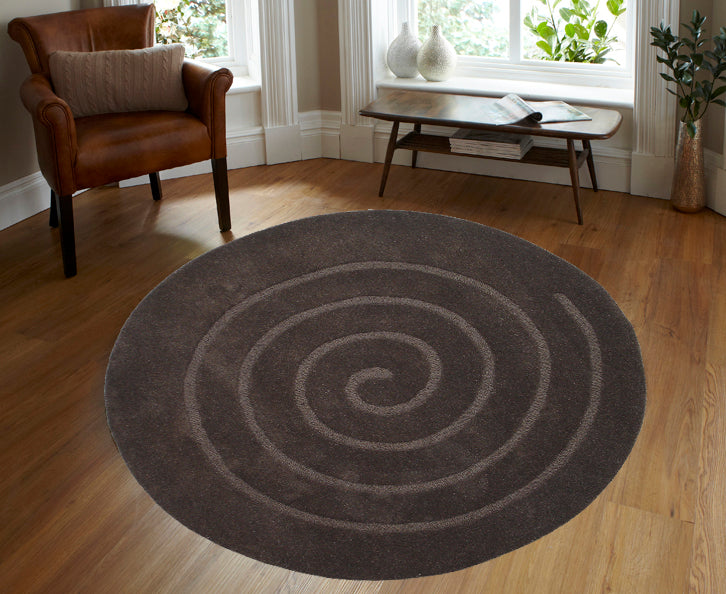 Handmade Round Wool Rug - Swirl - Brown - 160x160cm