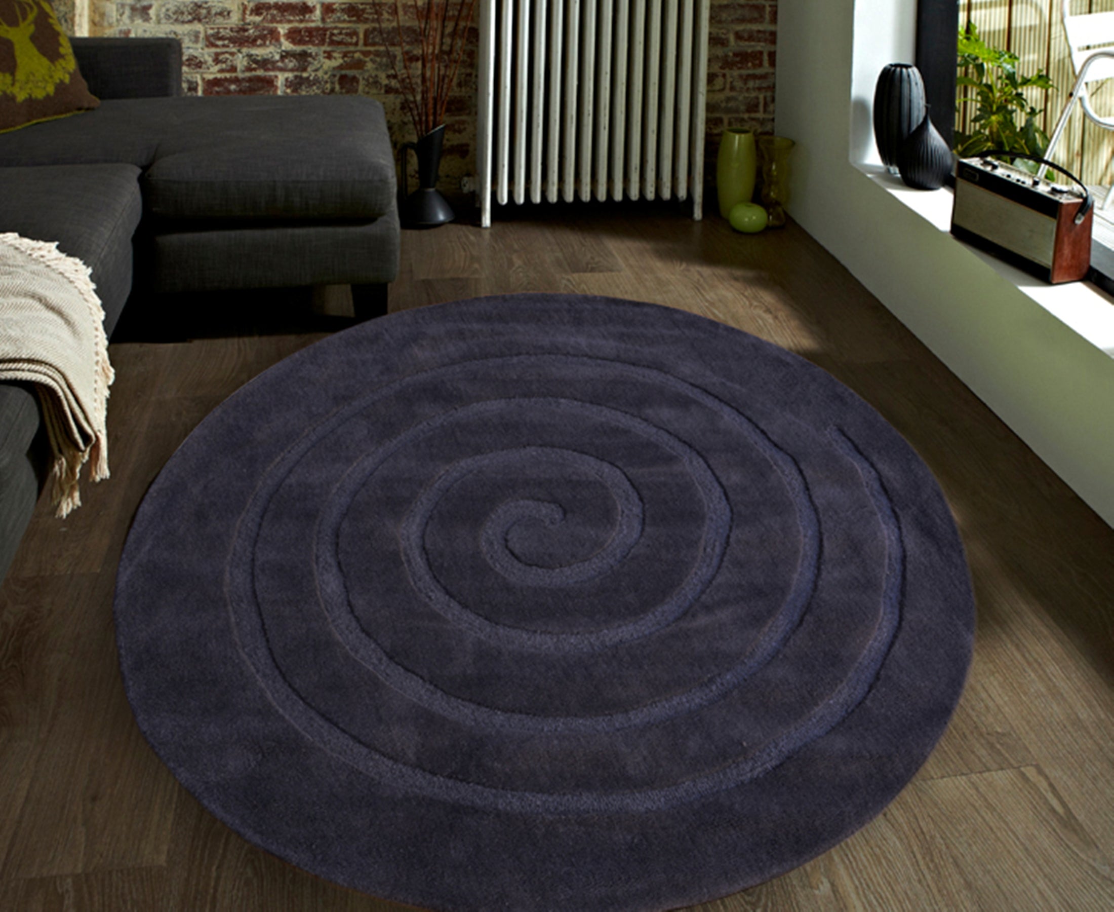 Handmade Round Wool Rug - Swirl - Charcoal - 160x160cm