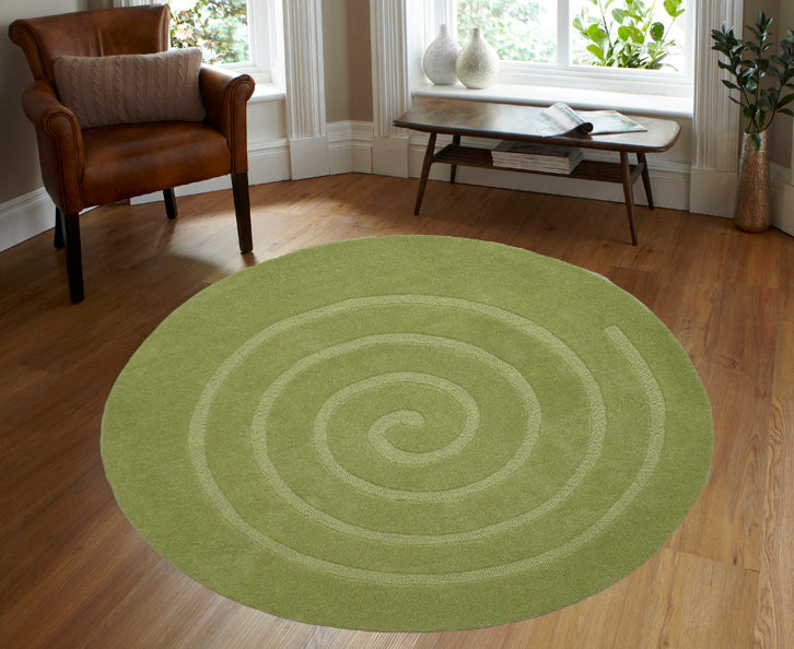 Handmade Round Wool Rug - Swirl - Green - 160x160cm