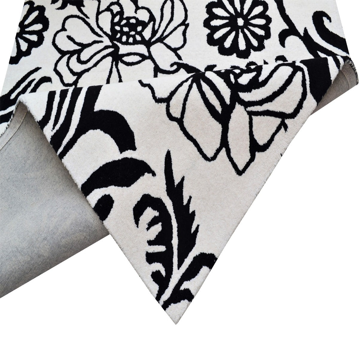 Designer Handmade Wool Rug-Wild Flower-619-Ivory Black-110x160cm