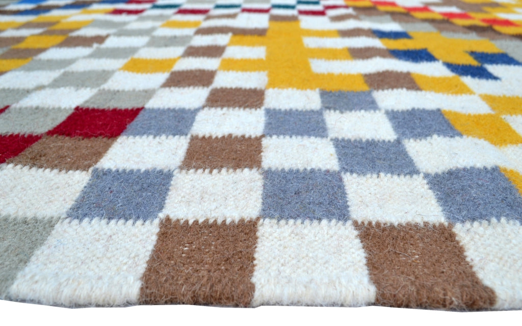 Handwoven Multicoloured Woolen Durrie Rug - Pixel 20057 - Multi - 110x160cm