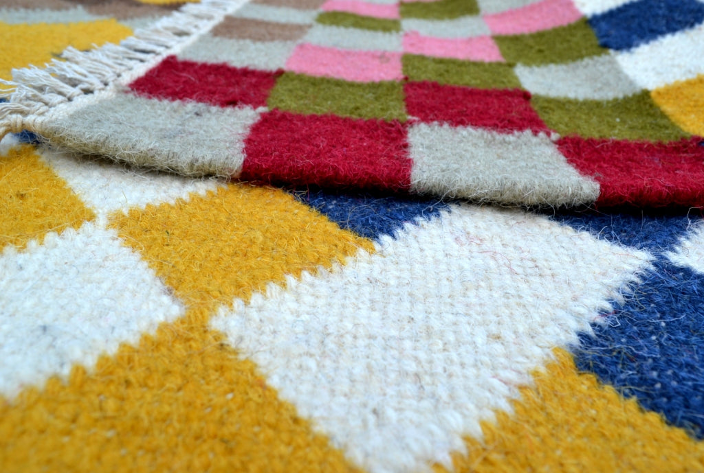 Handwoven Multicoloured Woolen Durrie Rug - Pixel 20057 - Multi - 110x160cm