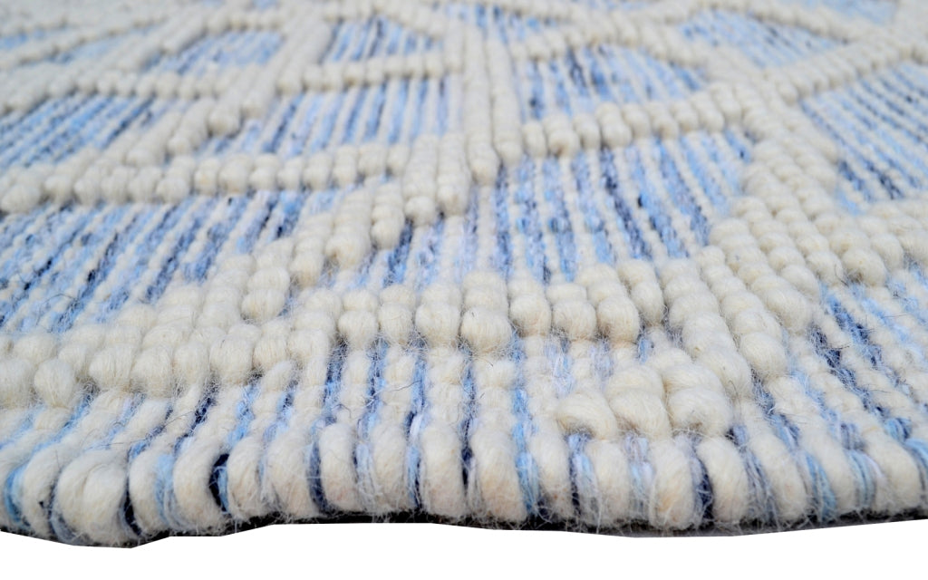 Designer Patterned Handwoven Woollen Rug - Zaal - Ivory/Blue-160x230cm