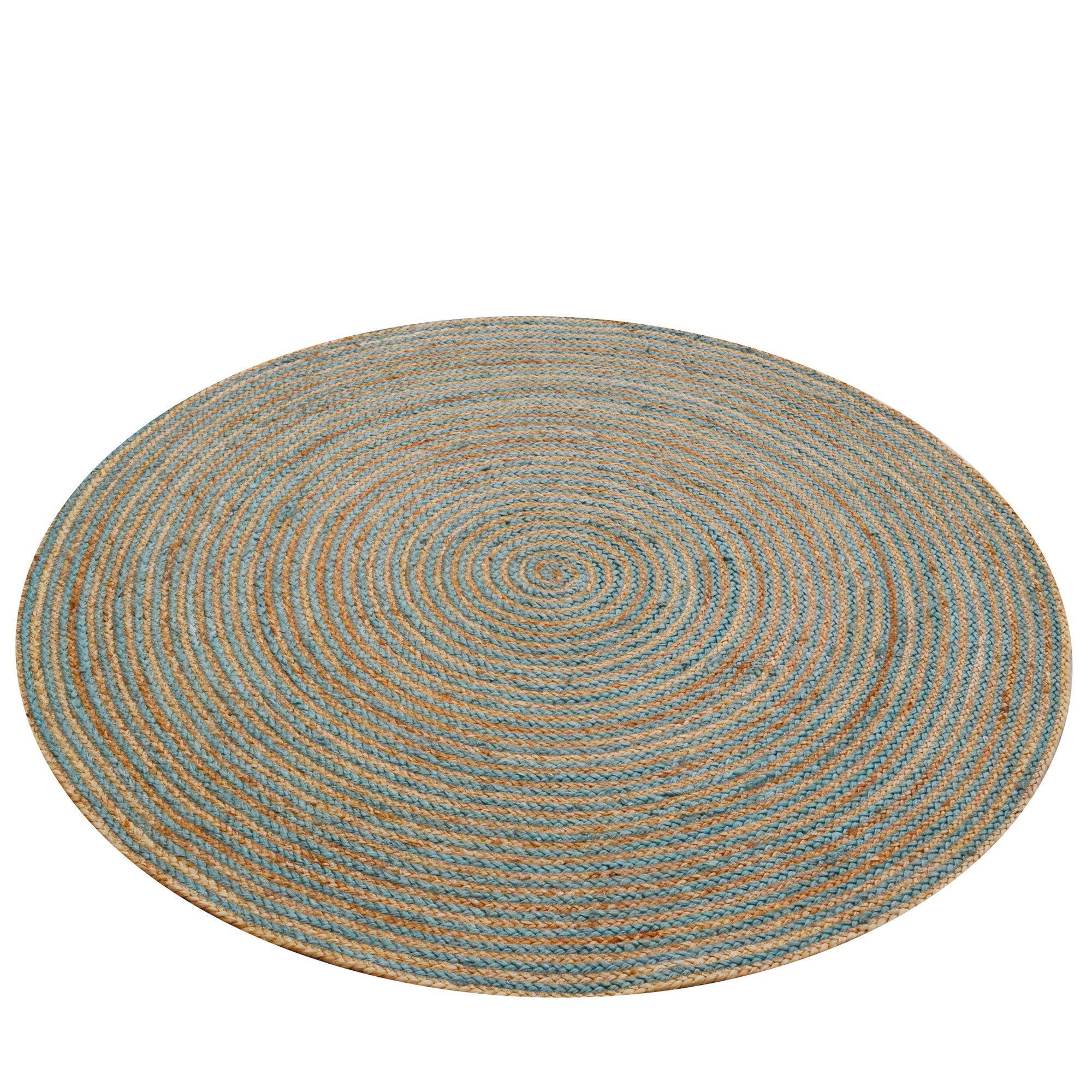 Handwoven Round Jute Rug-Spiral 6009-Natural/Teal Blue-120x120cm