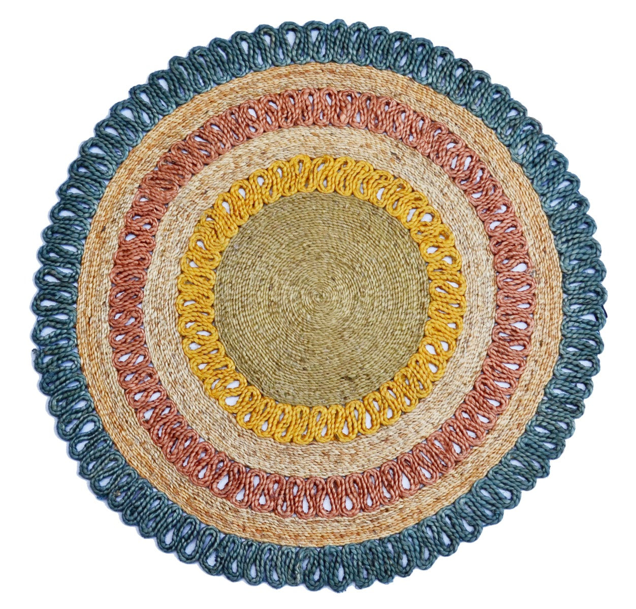 Handwoven Round Natural Jute Rug - 1087 - Natural/Blue - 120x120cm
