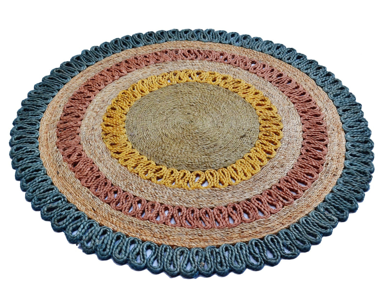 Handwoven Round Natural Jute Rug - 1087 - Natural/Blue - 120x120cm
