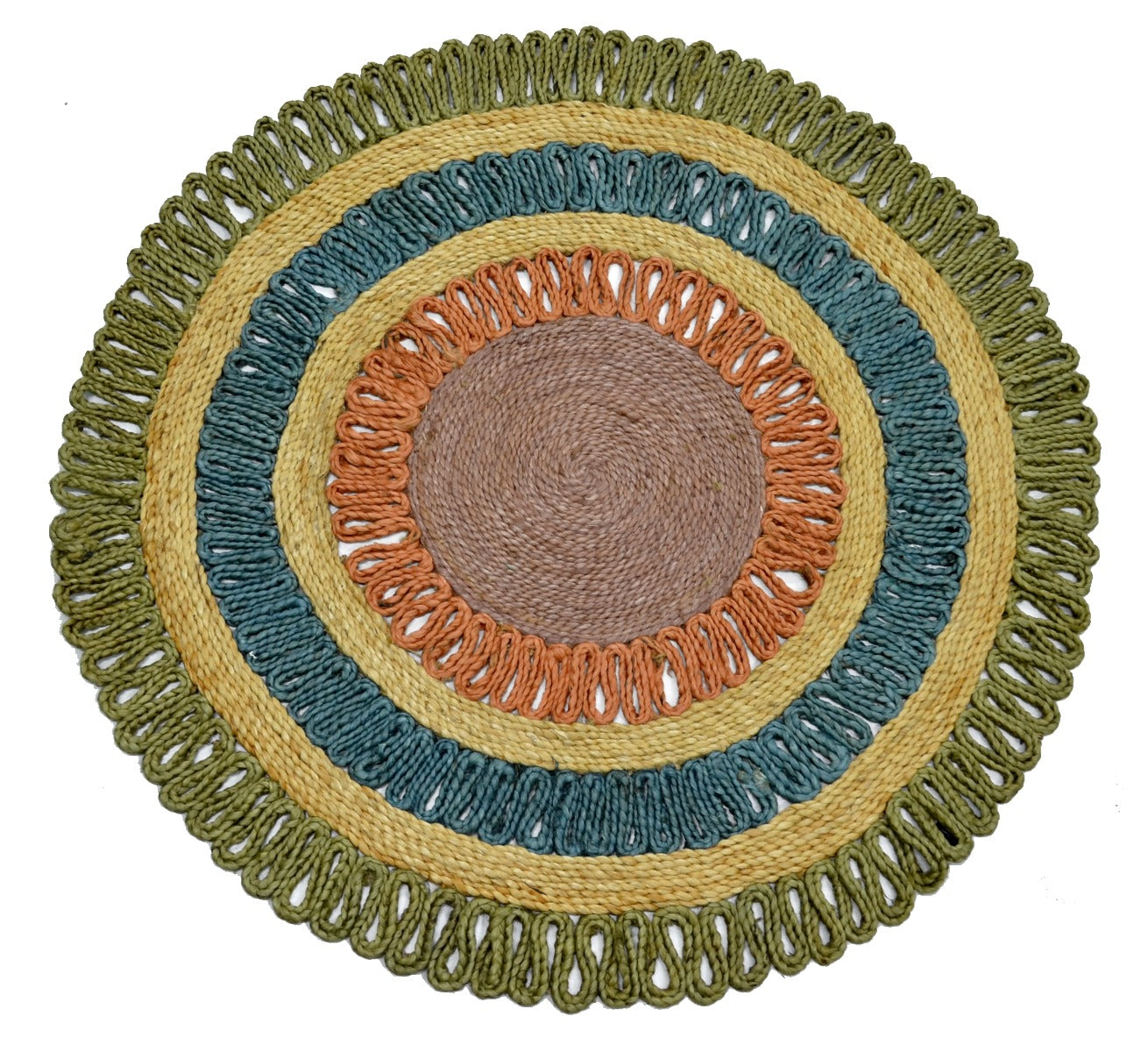 Handwoven Round Natural Jute Rug - 1087 - Natural/Green - 120x120cm
