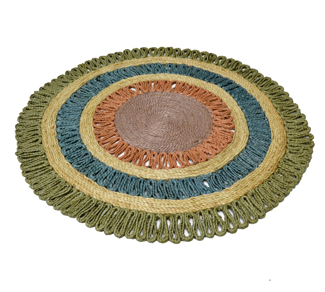 Handwoven Round Natural Jute Rug - 1087 - Natural/Green - 120x120cm