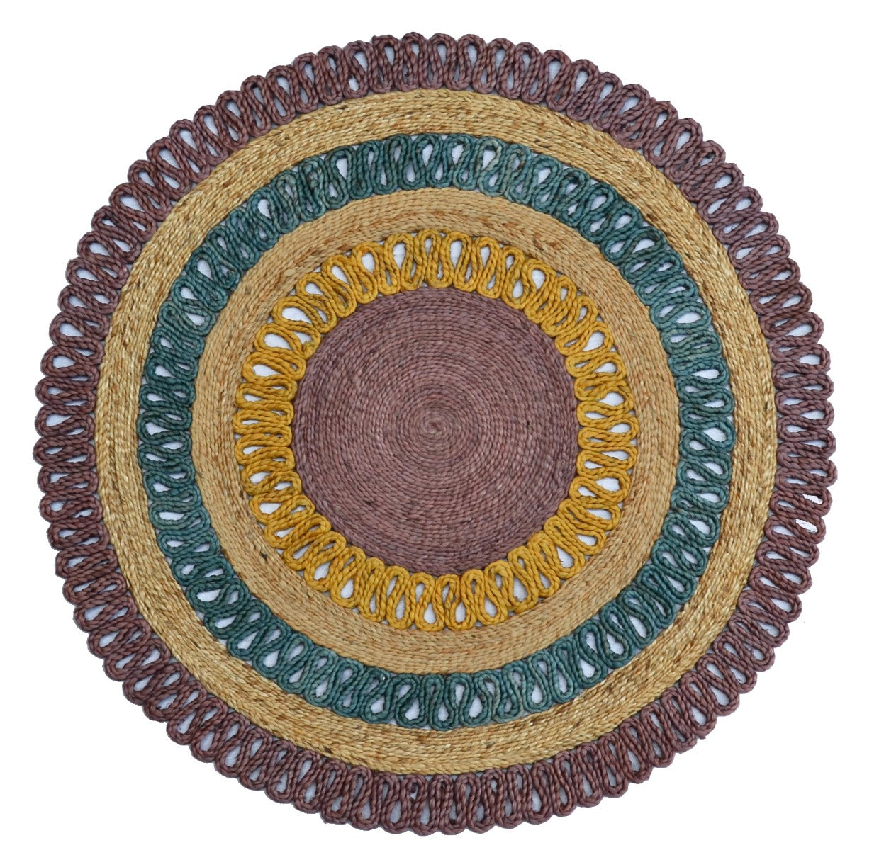 Handwoven Round Natural Jute Rug - 1087 - Natural/Purpal - 120x120cm