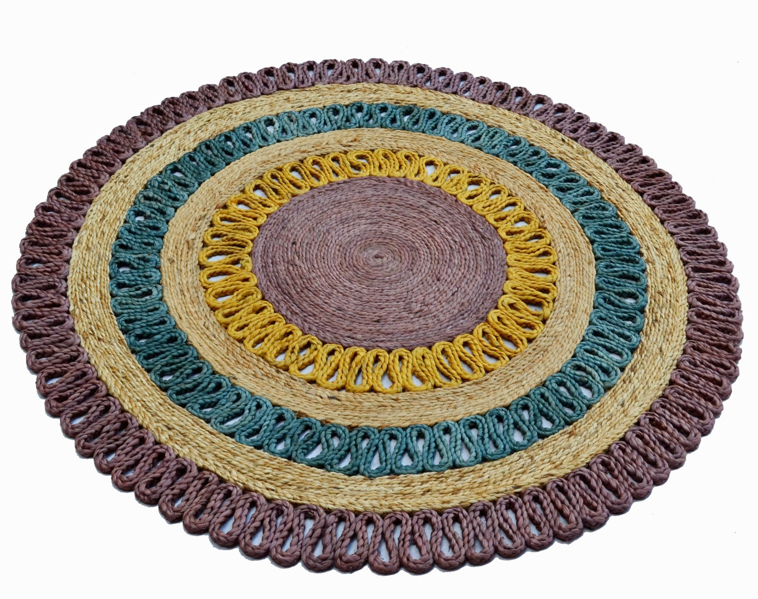 Handwoven Round Natural Jute Rug - 1087 - Natural/Purpal - 120x120cm