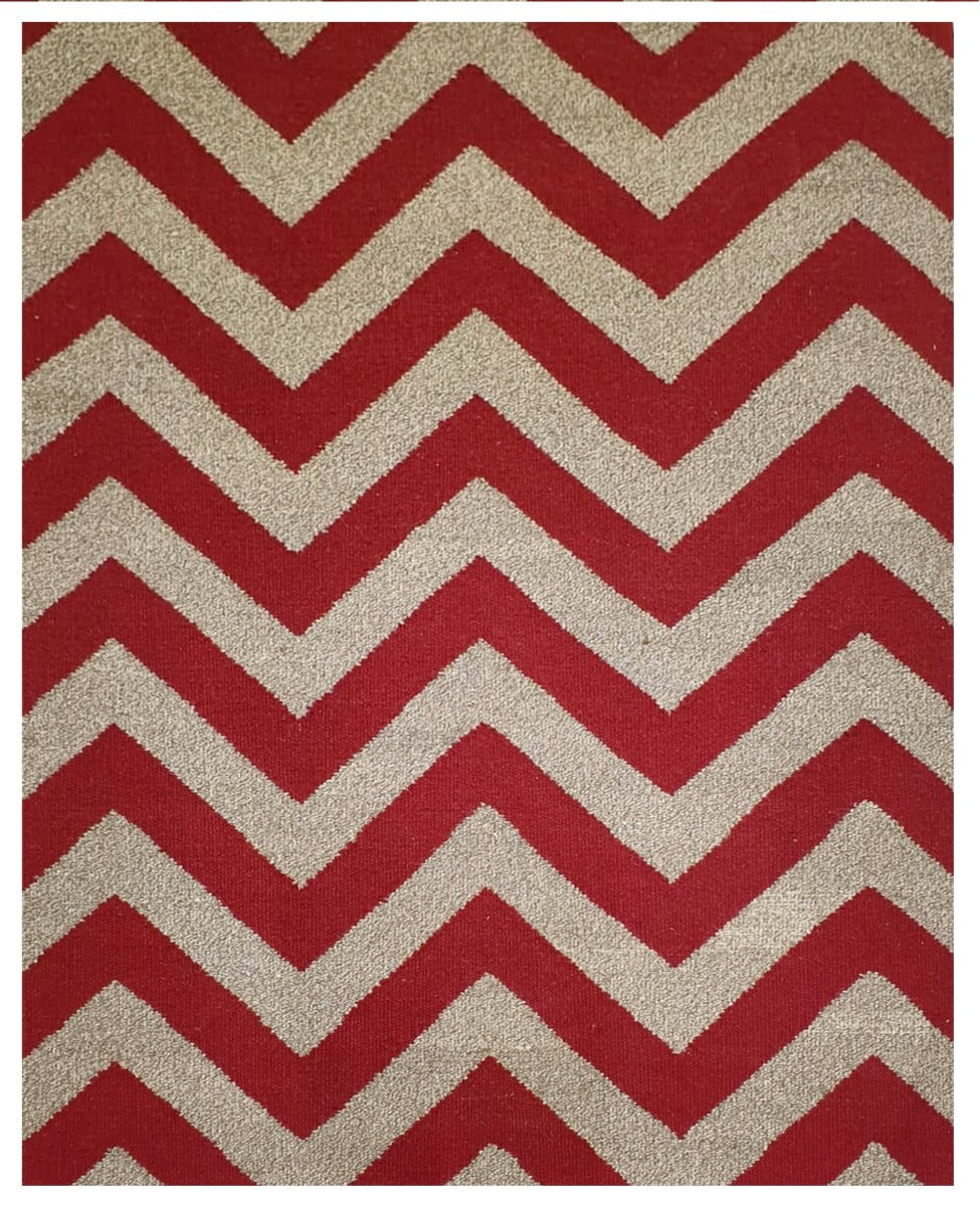Modern Handwoven Quality Wool Rug - Cheveron - Red/Natural - 160x230cm