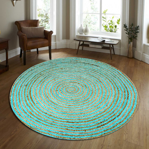 Handwoven Tribal Round Jute Rug - 1037 - Natural/Blue-120x120