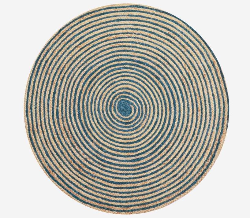 Handwoven Tribal Jute Rug - 1037 - Natural/Turquoise Blue - 120x120cm