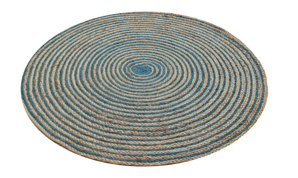 Handwoven Tribal Jute Rug - 1037 - Natural/Turquoise Blue - 120x120cm