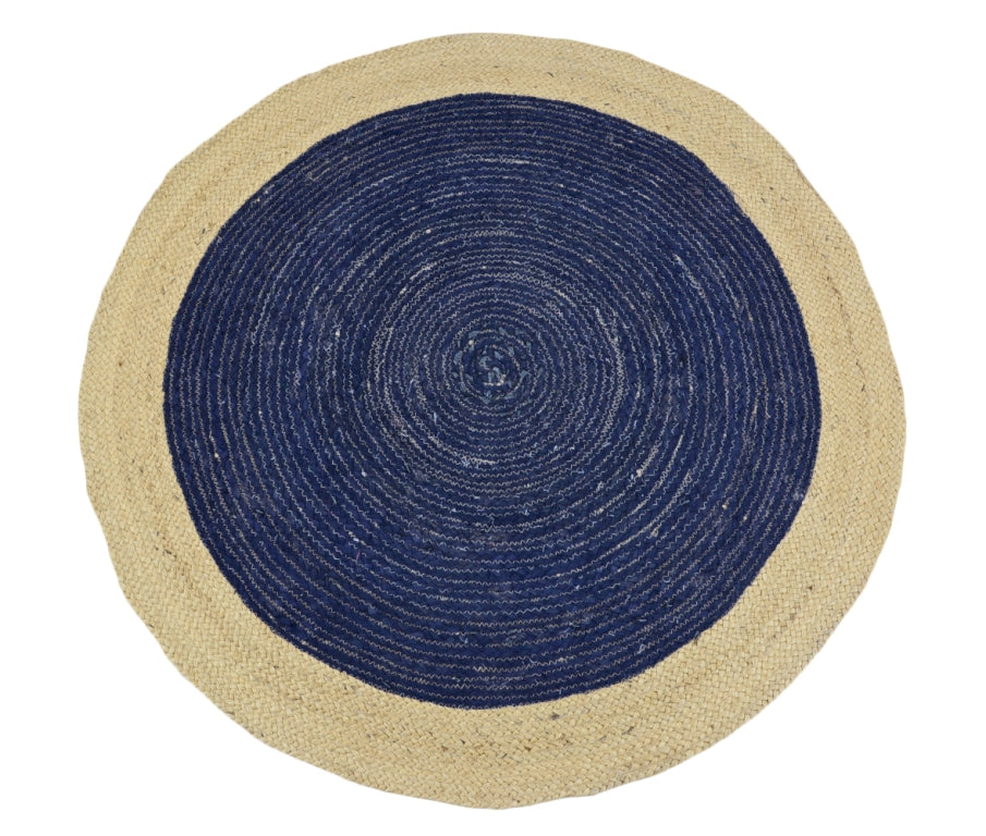 Tribal Handwoven Round Jute Rug - Ripple - Navy/Natural - 100x100cm